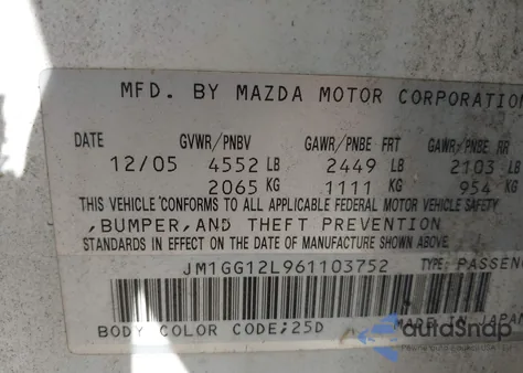 2006 Mazda Mazdaspeed6 Sport z USA, uszkodzony, nr VIN JM1GG12L961103752